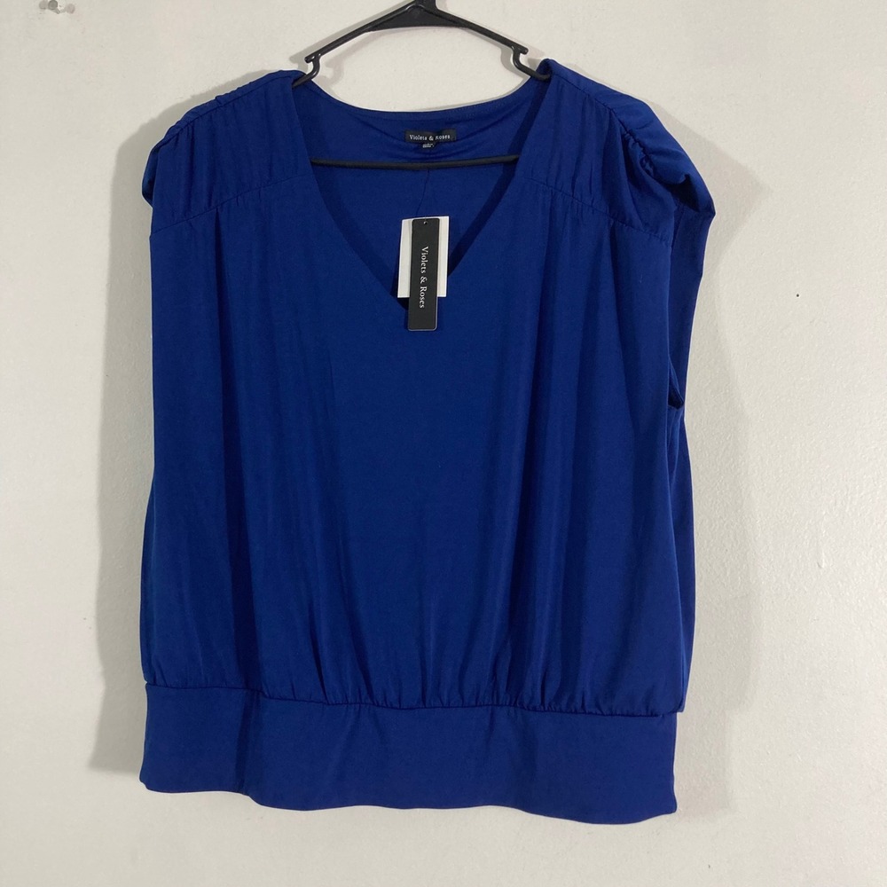 Violets & Roses Blouse Womens Large Blue NEW V-Neck Elastic Hem New Sleeveless